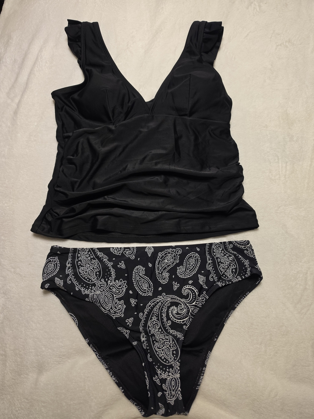 Cupshe Black Tankini Swim Set with Paisley Print Bottoms